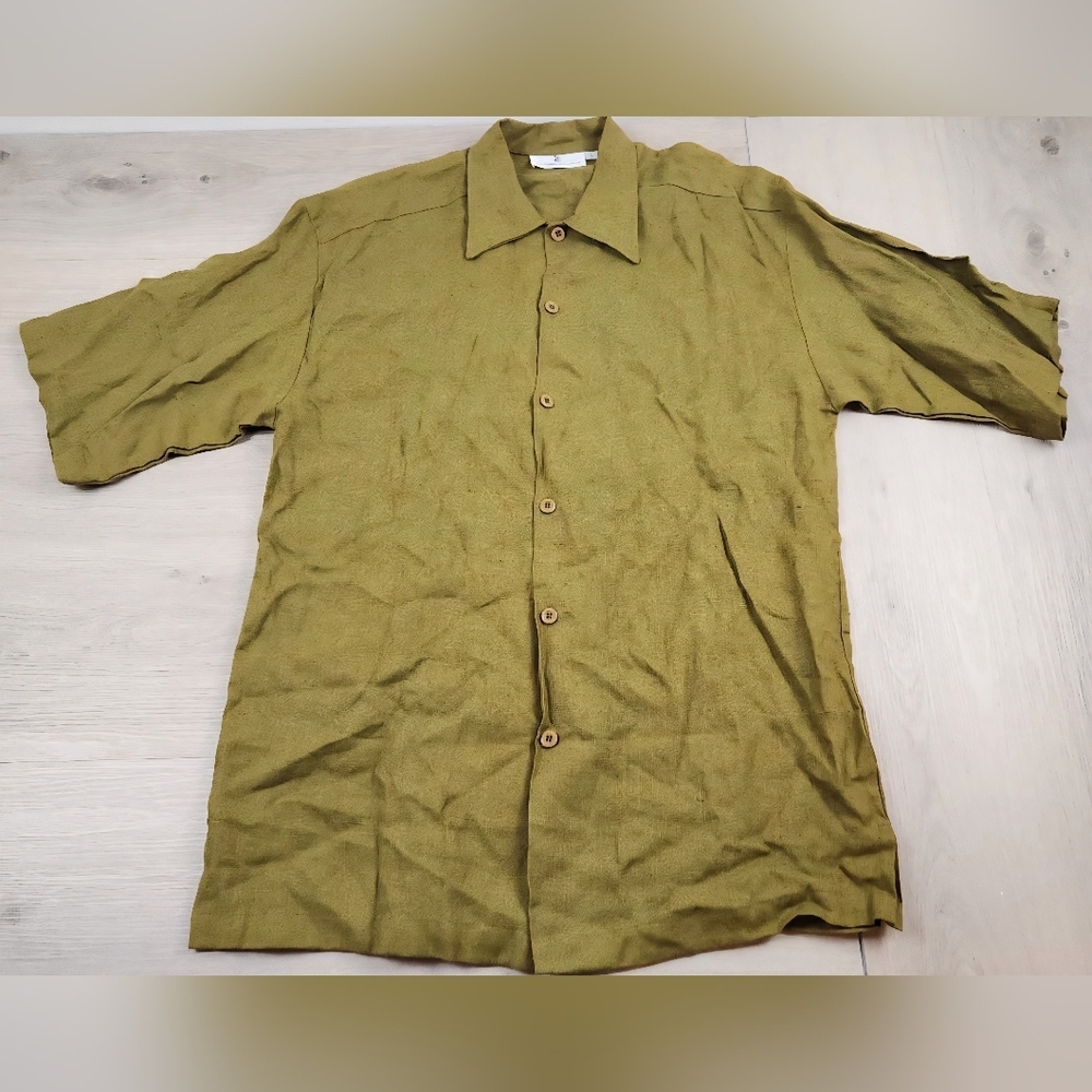 Yale Trouser Collection Shirt Mens Large Moss Green Short Sleeve Button Up Linen